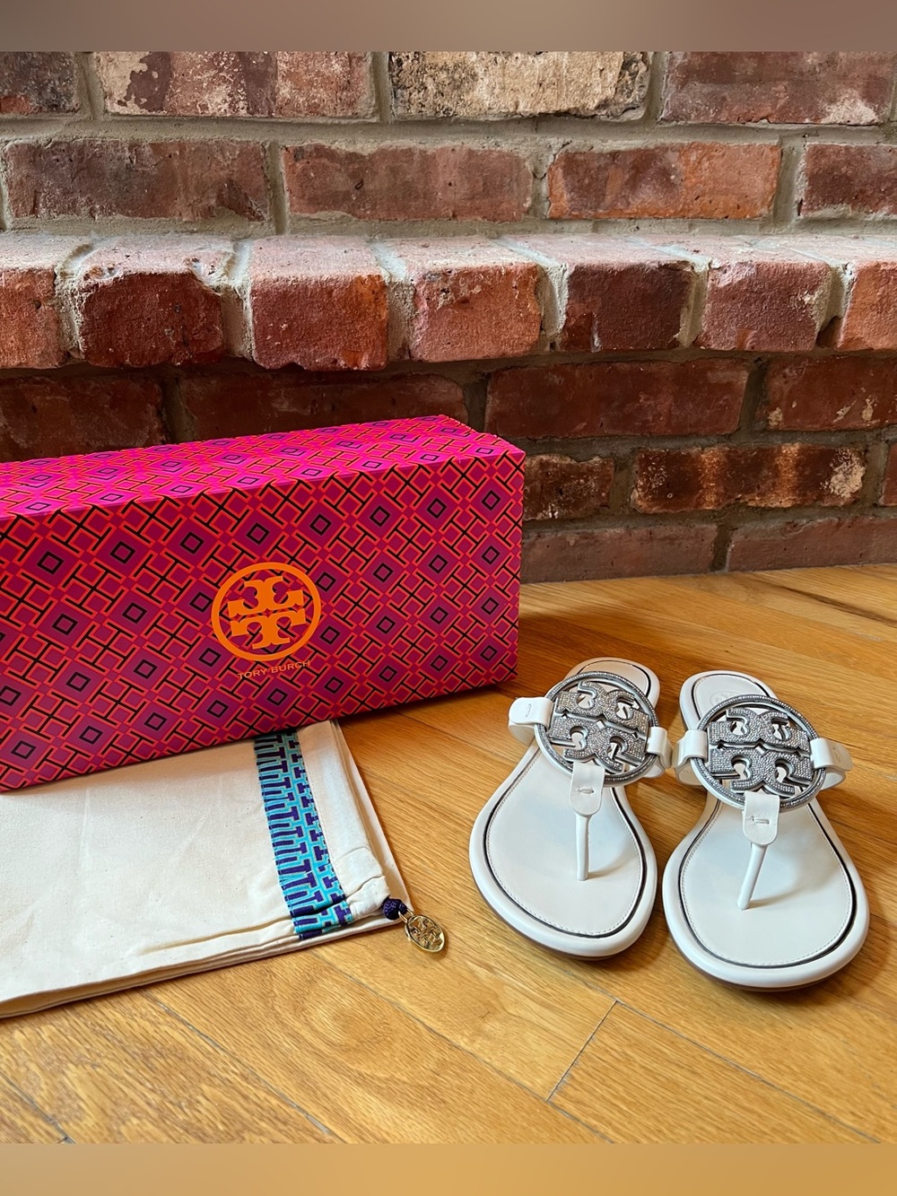 Tory Burch Ivory & Silver Metal Crystal Embellished Miller Sandals